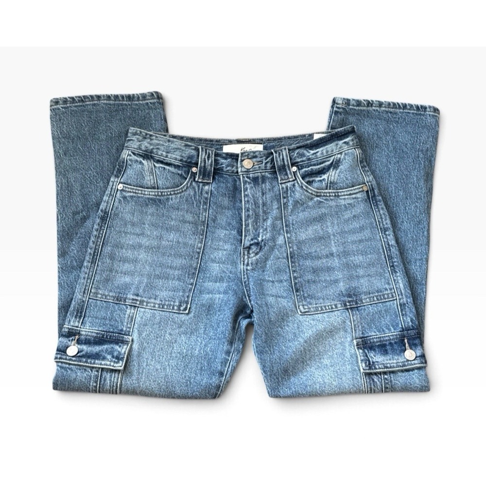 KanCan Aaliyah 7/27 High Rise Cargo Straight Leg Jeans Blue 27.5" EUC